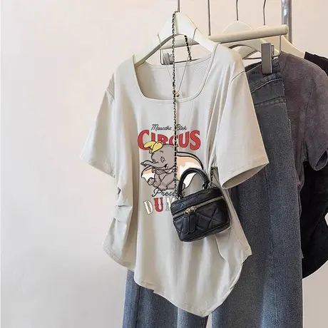 韩系白色T恤女胖mm大码不规则下摆短袖ins慵懒风方领显瘦收腰上衣商品大图