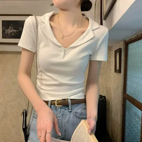 辣妹Polo翻领短袖T恤女夏季韩版修身短款小个子打底衫内搭上衣潮商品大图
