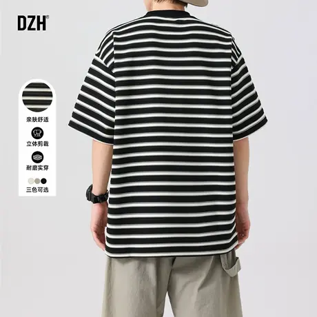 男生美式条纹t恤男圆领潮牌2025新款弹力半袖上衣男款复古短袖潮商品大图