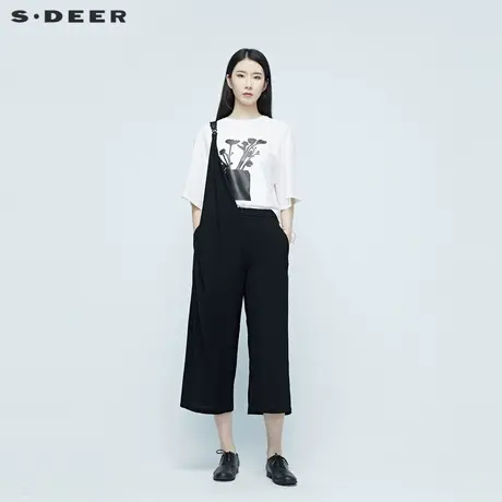 sdeer圣迪奥女夏季休闲黑色透气背带裤垂感阔腿七分裤S20280837商品大图