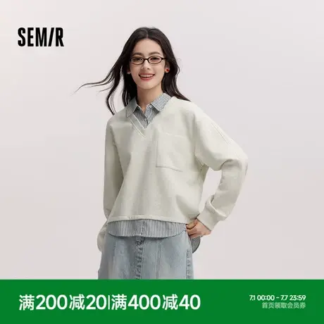 森柔棉|商场同款森马卫衣女假两件条纹春季2025新款翻领开叉衣服商品大图