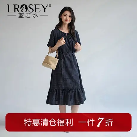 蓝若水大码女装法式系带收腰连衣裙夏季新品胖mm港风复古格子长裙商品大图