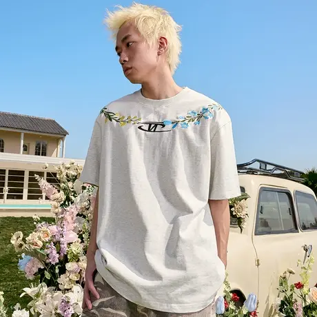 Nuthink刺绣潮牌短袖T恤美式复古纯棉重磅宽松半袖2025新款夏男女商品大图