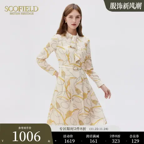 Scofield法式创意飘带高腰长袖收腰显瘦中长裙连衣裙女装秋季新品商品大图