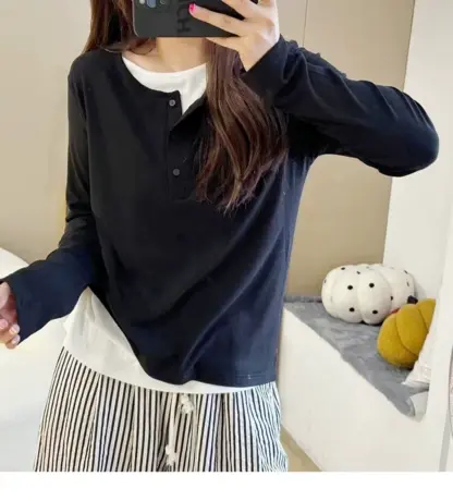 显瘦假两件长袖T恤女大码拼接撞色上衣微胖MM宽松正肩秋冬打底衫商品大图