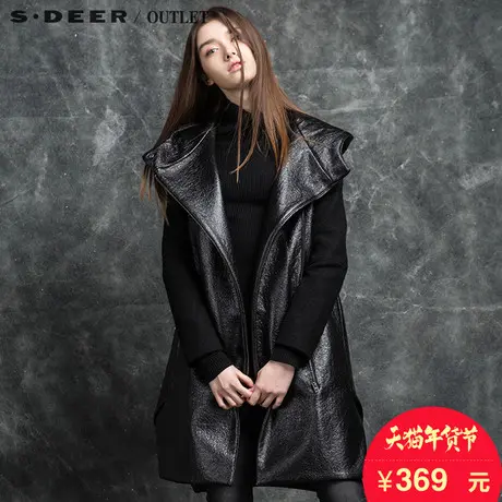 sdeer圣迪奥2018冬装粗粝质感斜襟厚实亮黑大衣外套女S15481818图片