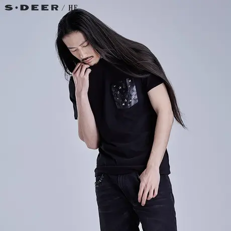 S.Deer/He【惠】圣迪奥纯黑纯棉个性短袖T恤H15270144图片