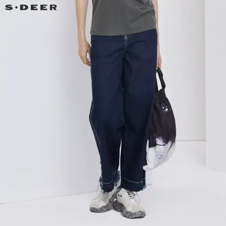 sdeer圣迪奥春秋女装休闲腰带毛边宽松开衩直筒牛仔长裤S21180801图片