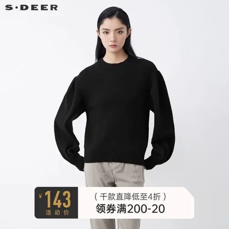 sdeer圣迪奥冬装时尚罗纹圆领泡泡袖黑色毛衣女S21463512图片
