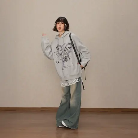 YEP复古印花连帽卫衣女春秋2025年新款国潮长袖帽衫宽松套头外套商品大图