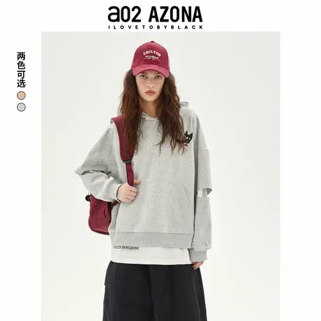 a02新款2025爆款时尚洋气假两件连帽卫衣女宽松版通勤风长袖上衣图片