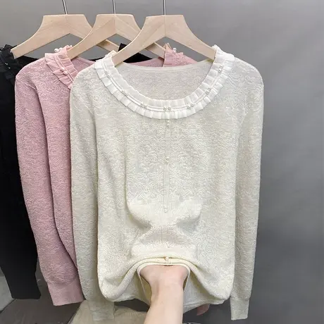 圆领钉珠蕾丝针织衫女2025秋冬新款毛衣内搭打底衫宽松外穿上衣潮商品大图