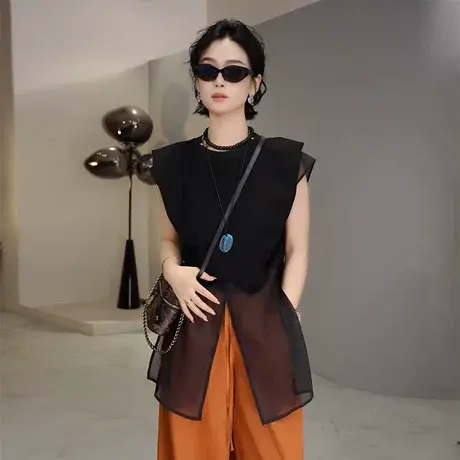 无袖衬衫女2025夏季新款欧韩货设计感薄纱假两件网红中长款上衣潮图片