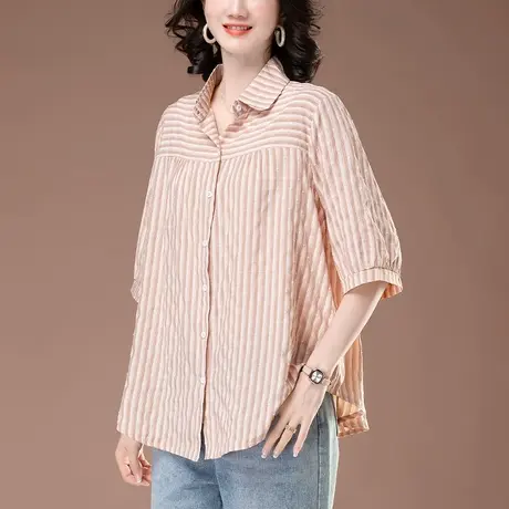七分袖衬衫女夏季新款加肥加大码女装宽松中长款洋气条纹短袖衬衣图片