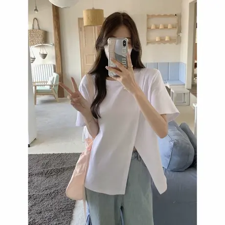 白色纯棉短袖T恤女夏天韩版百搭宽松显瘦不规则开叉半袖上衣体恤图片