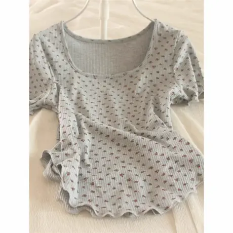 小碎花方领正肩短袖T恤女夏季修身韩版打底衫内搭外穿短款上衣潮商品大图