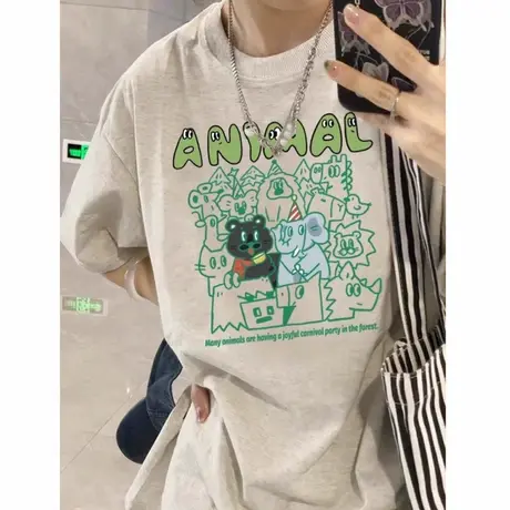 森林奇遇卡通印花短袖t恤女纯棉款夏季2025新款宽松百搭圆领上衣商品大图