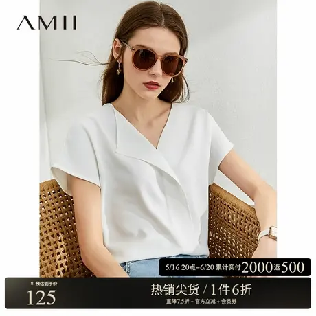 Amii极简通勤气质不对称V领短袖雪纺衫2025春季新款宽松上衣女商品大图