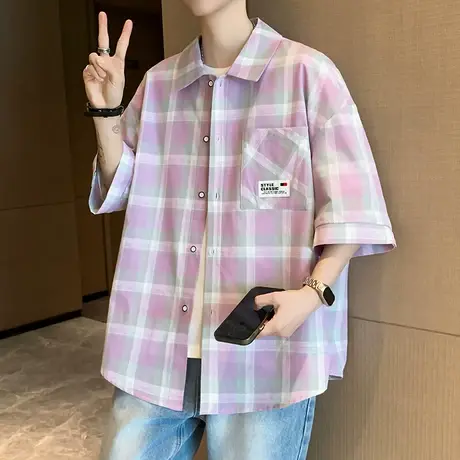 港风格子衬衫男夏季新款多巴胺宽松纯棉短袖衬衣男生半袖寸衫外套商品大图