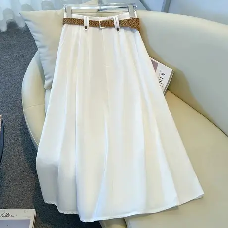 拉夏贝尔白色裙子半身裙女夏小个子2025新款高腰百褶裙a字裙伞裙商品大图