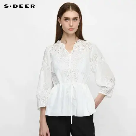 sdeer圣迪奥女装25年新品田园风V领收腰绣花两件套上衣S252Z3224图片