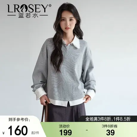 蓝若水大码女装胖mm假两件花边翻领卫衣2025秋新款宽松设计感上衣商品大图