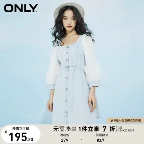 ONLY奥莱夏季法式温柔方领雪纺拼接牛仔连衣裙女图片