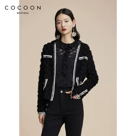 可可尼COCOON商场同款时尚上衣2024秋冬新款女喇叭袖荷叶边蕾丝衫图片