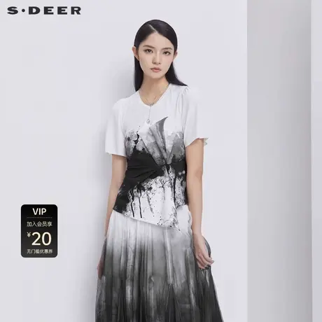 sdeer圣迪奥女装休闲圆领水墨印花不规则短袖T恤S21280169图片
