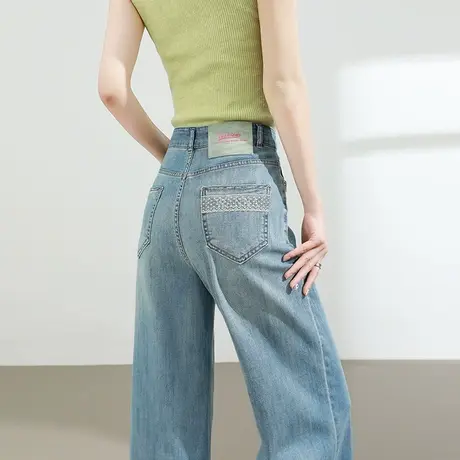 刺绣字母直筒牛仔裤女夏季薄款高腰宽松显瘦大码小个子九分阔腿裤商品大图
