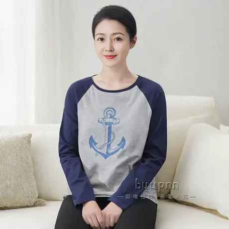 带胸垫插肩袖长袖上衣印花撞色圆领套头设计感t恤棉商品大图