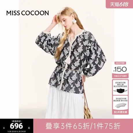 可可尼cocoon波西米亚风度假雪纺衫女2025夏季新款黑色灯笼袖上衣图片