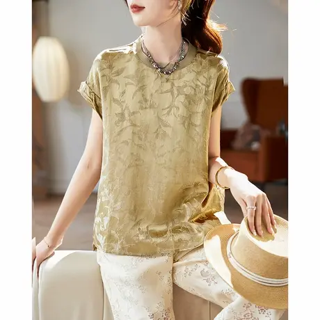 宝诗黎蝙蝠袖提花宽松雪纺衫2025夏季气质新中式简约百搭休闲小衫图片