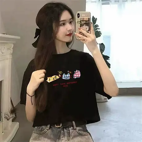 美式辣妹修身显瘦t恤女2025新款黑色短袖夏季卡通猫咪短款上衣ins商品大图