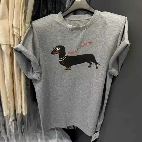 韩国东大门2025夏季新款时尚美式腊肠小狗印花圆领垫肩短袖T恤女商品大图