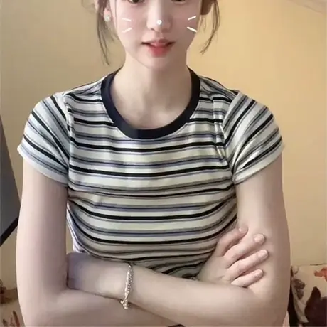 撞色条纹短袖T恤女夏季2025新款修身韩版短款小个子打底衫上衣潮商品大图