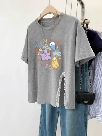 灰色不规则开叉T恤女韩系chic慵懒风夏季上衣ins大码正肩小众短袖商品大图