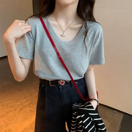 纯棉V领正肩短袖T恤女2025夏季新款宽松韩版打底衫内搭半袖上衣潮商品大图