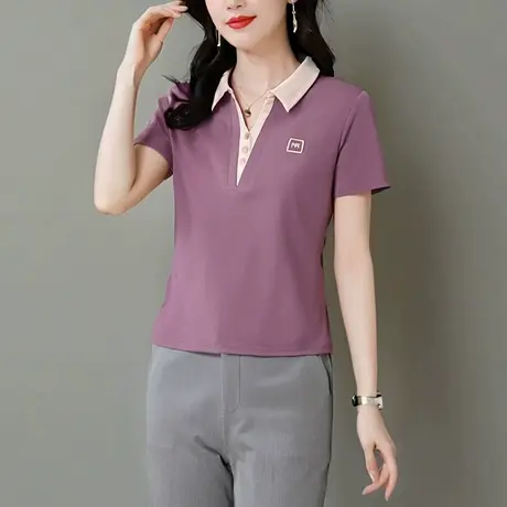 polo领短袖t恤女夏季新款气质纯棉女上衣洋气撞色休闲妈妈小衫图片