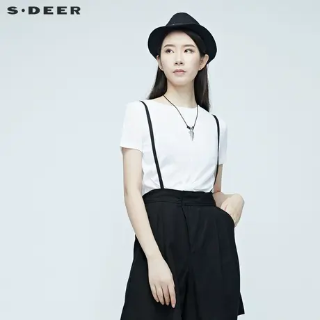 sdeer圣迪奥夏季女设计感短袖打底圆领纯色黑白基础T恤S20280114图片