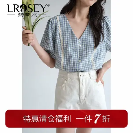 蓝若水大码蕾丝花边V领格子衬衫女夏季新品显瘦胖mm复古chic上衣商品大图