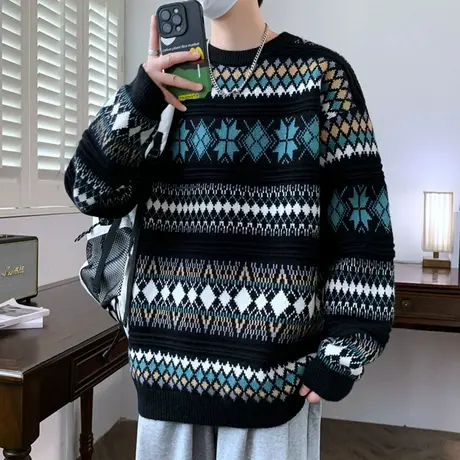 民族风毛衣男冬季新款圆领套头打底衫线衣男保暖冬装青少年针织衫商品大图