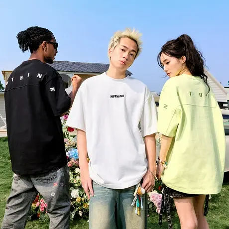 Nuthink多巴胺刺绣字母短袖T恤潮牌宽松重磅男女半袖2025夏季新款图片