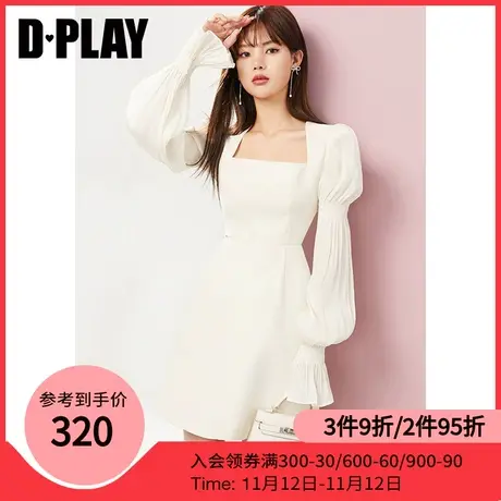 DPLAY2022年秋新款甜美杏仁奶白泡泡袖拼接方领修身高腰连衣裙商品大图