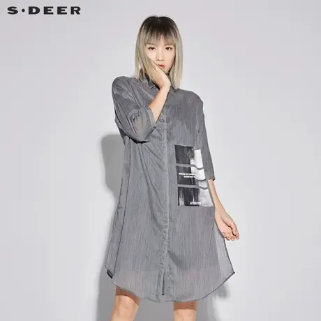 sdeer圣迪奥2019新款女夏黑白条纹方领长款长袖衬衫S18280405图片