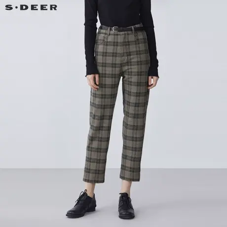 sdeer圣迪奥春装复古腰带格纹通勤宽松九分裤女S21380837图片