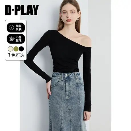 DPLAY春季新款气质黑色一字肩上衣不对称斜肩上衣打底衫露肩t恤女商品大图