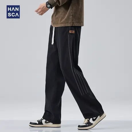 hansca直筒休闲裤秋冬季男士加绒加厚百搭垂感宽松条纹运动长裤商品大图