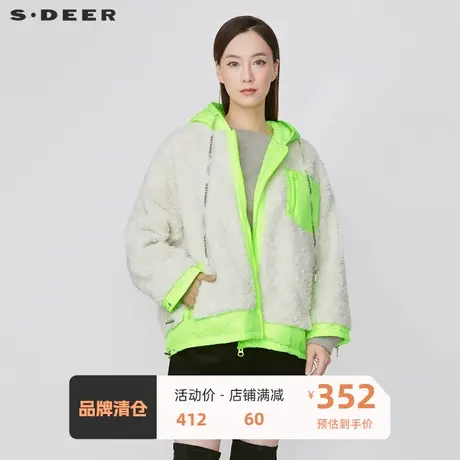 sdeer圣迪奥女装个性连帽撞色字母仿羊羔毛拼接外套S21462301图片