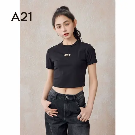 A21女装针织显瘦圆领短袖T恤机车女郎显身材短款上衣图片